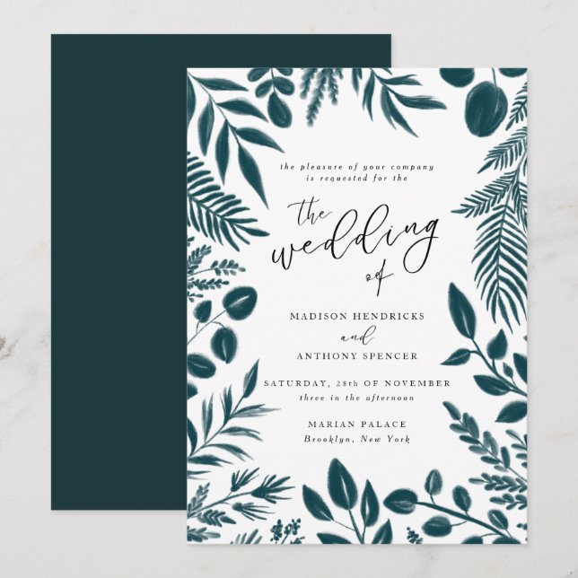 Elegante Aquamarine botanische Hochzeitseinladung Einladung (Vorne/Hinten)