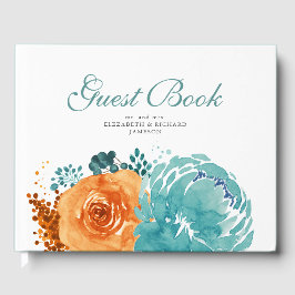 Elegante Aquamarine Burnt Orange Fall Floral Weddi Gästebuch