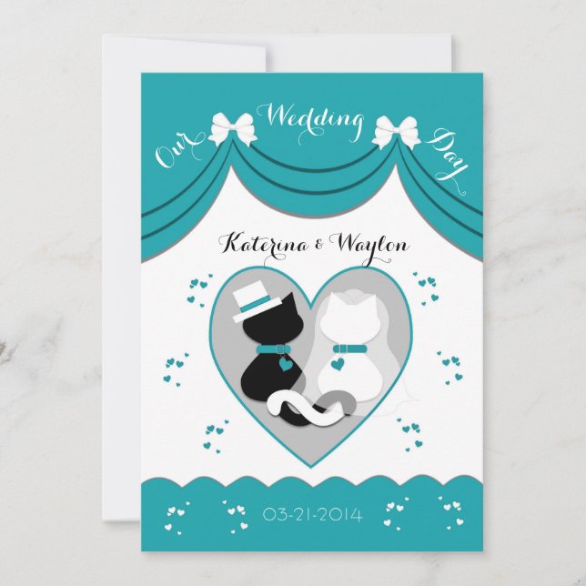 Elegante Aquamarine Cat Wedding Couple Einladungen (Vorderseite)