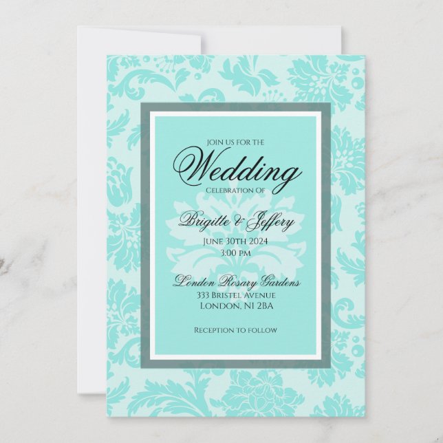 Elegante aquamarine Damastzelhochzeit Einladung (Vorderseite)