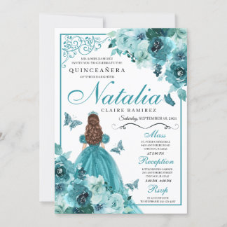 Elegante Aquamarine Flora Quinceanera Birthday Ein Einladung