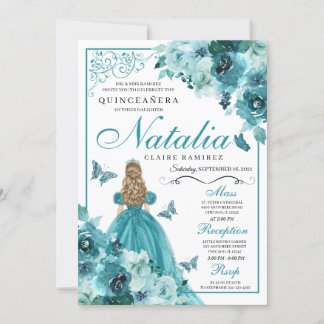 Elegante Aquamarine Flora Quinceanera Birthday Ein Einladung