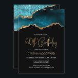Elegante Aquamarine Gold Agate 60. Geburtstagspart Einladung<br><div class="desc">Diese trendige Einladung zum 60. Geburtstag präsentiert ein Aquarellbild eines agaten Geodes in aquamarinen Farbtönen mit goldenen Imitaten. Die Worte "60. Geburtstag" erscheinen in Imitaten goldener Glitzer in dekorativen modernen Handschrift Schriftart. Passen Sie den Namen der Ehre in goldfarbenem Text an und die Details in Weiß. Auf der Rückseite wird...</div>