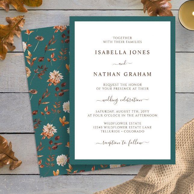 Elegante Aquamarine Herbsthochzeit Einladung (Elegant Teal Simple Autumn Leaves Wedding Invitation by Painted Paperie
)