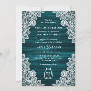 Elegante Aquamarine Holzfloral Lee Mason Jar Weddi Einladung