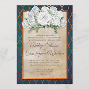 Elegante Aquamarine Kupfer-Weiße Blütenhochzeit Einladung