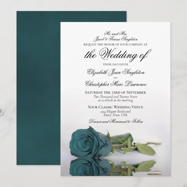 Elegante Aquamarine oder türkisfarbene Rose feierl Einladung (Vorne/Hinten)