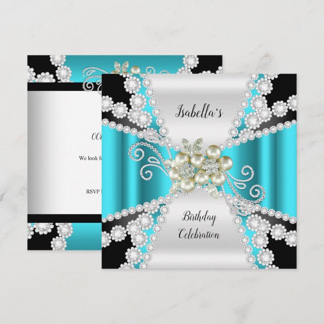 Elegante Aquamarine Perle Schwarz-weiß Diamond Geb Einladung (Vorne/Hinten)