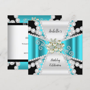 Elegante Aquamarine Perle Schwarz-weiß Diamond Geb Einladung