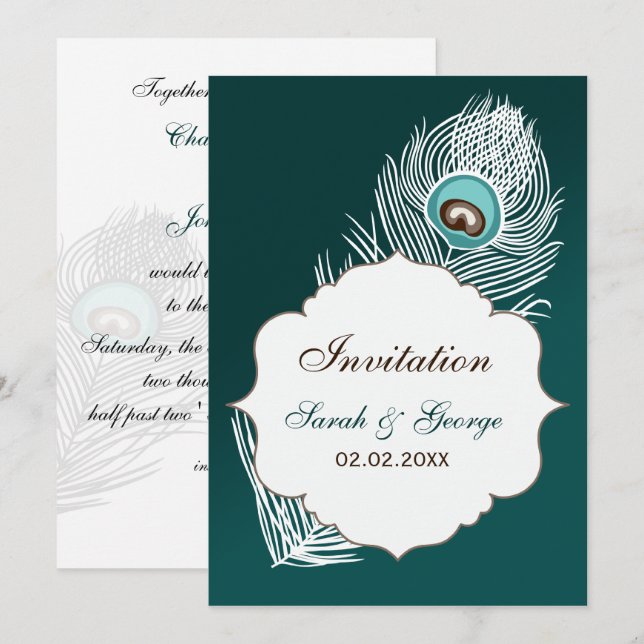 Elegante, aquamarine Pfauenhochzeit Einladung (Vorne/Hinten)