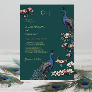 Elegante Aquamarine Pfauenhochzeit Folieneinladung