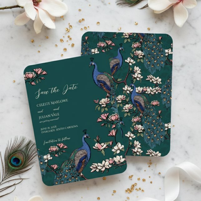 Elegante Aquamarine Pfauenhochzeit Save The Date (Teal Peacock Save the Dates for Modern Bird Wedding. Vintage Floral Peacock Chinoiserie Engagement )