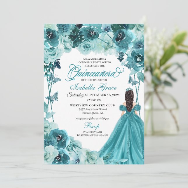 Elegante Aquamarine Quinceanera Einladung (Stehend Vorderseite)