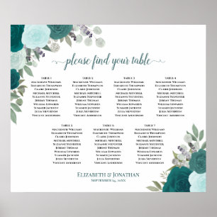 Elegante Aquamarine Rose 7 Tabelle Seating Chart Poster
