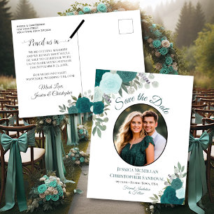Elegante Aquamarine Rose & Foto Hochzeit Sichern S Ankündigungspostkarte