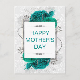 Elegante Aquamarine Rose & Silberner Glitzer Mutte Postkarte