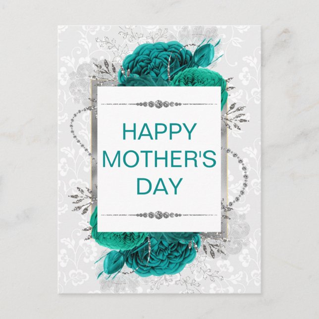 Elegante Aquamarine Rose & Silberner Glitzer Mutte Postkarte (Vorderseite)