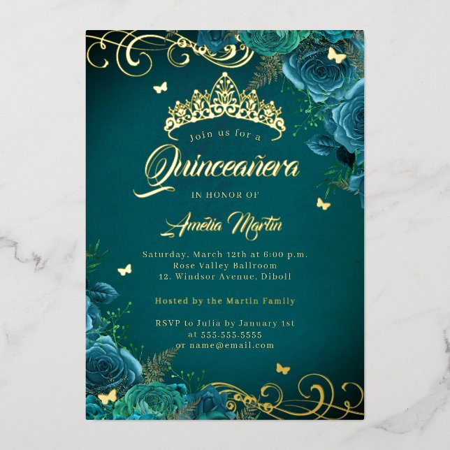 Elegante Aquamarine Rose Swirl Gold Quinceanera Folieneinladung (Vorderseite)