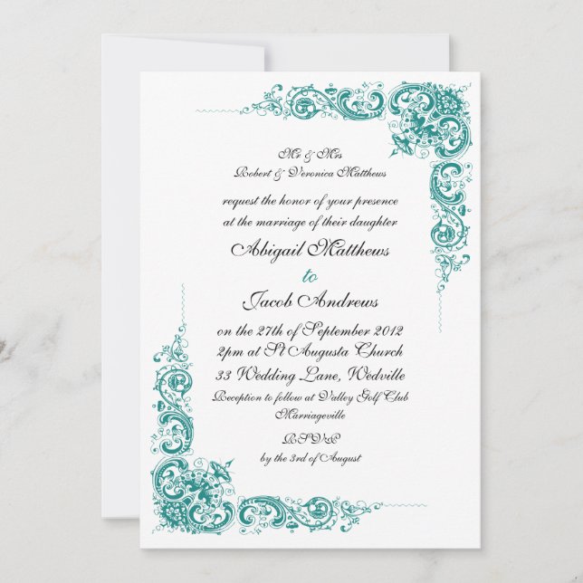 Elegante Aquamarine Schwarz-Weiß-Hochzeit-Einladun Einladung (Vorderseite)