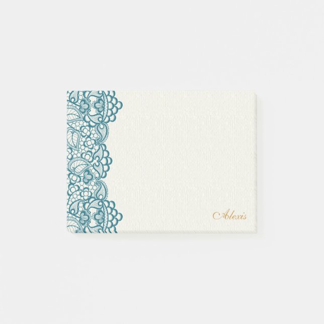 Elegante aquamarine Spitze und Gold Post-it Klebezettel (Vorderseite)