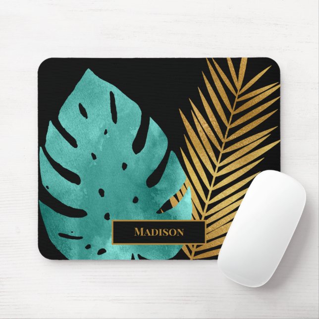 Elegante Aquamarine tropische Blätter Schwarzes Mo Mousepad (Mit Mouse)