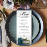 Elegante Aquamarine türkisfarbene Rose Spiegelunge Menükarte<br><div class="desc">Dieses schöne Menü wird Ihrem Hochzeitsempfang etwas mehr Stil verleihen. Es zeichnet sich durch ein wunderschönes und romantisches Design aus, mit einem aquamarinen oder türkisfarbenen Single, der in einem Wasserbecken mit Wellen und Wellengang liegt. Es gibt Platz für die Namen des Paares und das Hochzeitstag, und der Text ist vollständig...</div>