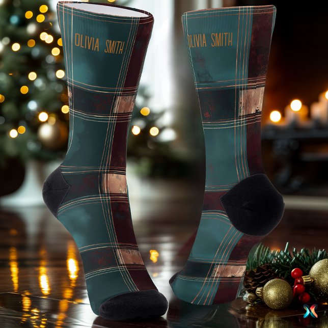 Elegante Aquamarine und Burgund Weihnachten Karier Socken (Von Creator hochgeladen)