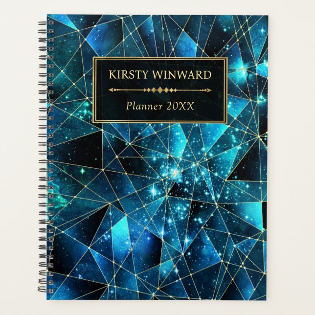 Elegante Aquamarine und Gold Midnight Crystal Gala Planer (Vorderseite)