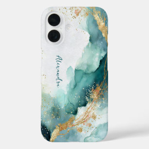 Elegante Aquamarine und goldene Abstrakte Wasserfa iPhone 16 Hülle