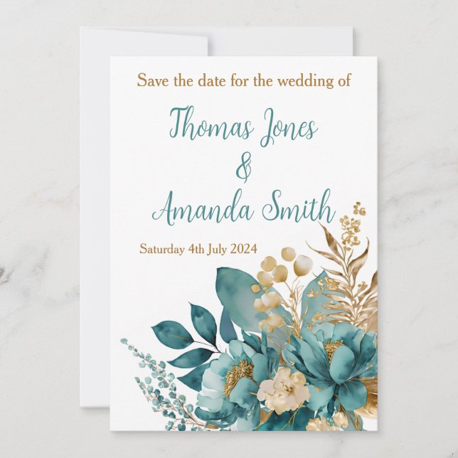 Elegante Aquamarine und goldene florale Save the D Date (Vorderseite)