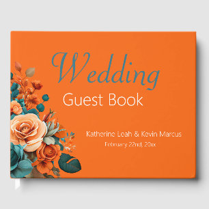 Elegante Aquamarine und orange blumenreiche Hochze Gästebuch
