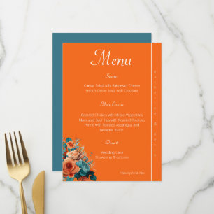 Elegante Aquamarine und orange blumenreiche Hochze Menükarte