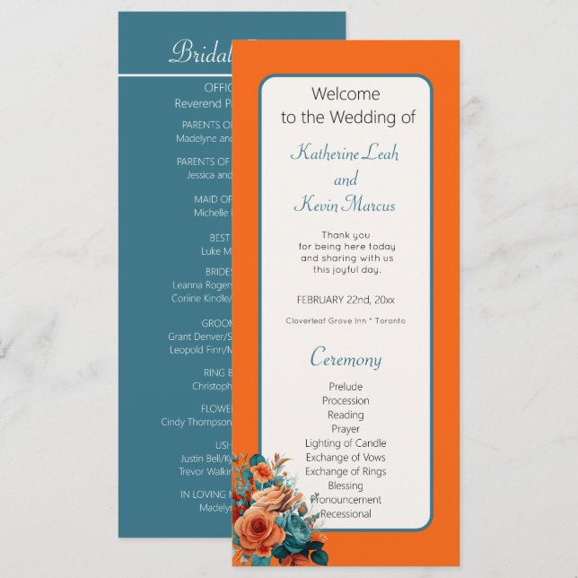 Elegante Aquamarine und orangefarbene Hochzeitsfei (Vorne/Hinten)