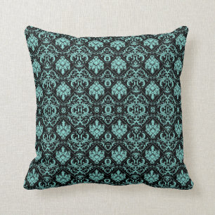 Elegante aquamarine und schwarze Damast-Muster Kissen