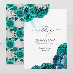 Elegante Aquamarine und silberfarbene Hochzeit Einladung
