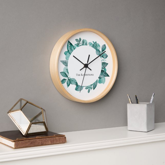 Elegante Aquamarine Vegetation Moderner Personalis Uhr (Büro)