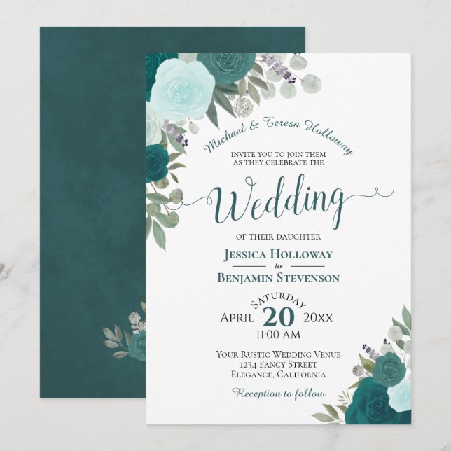 Elegante Aquamarine Wasserfarben Förmliche Hochzei Einladung (Vorne/Hinten)