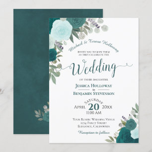 Elegante Aquamarine Wasserfarben Förmliche Hochzei Einladung