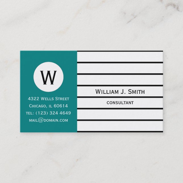 Elegante Aquamarine, weiße Streifen Mit Monogramm Visitenkarte (Vorderseite)