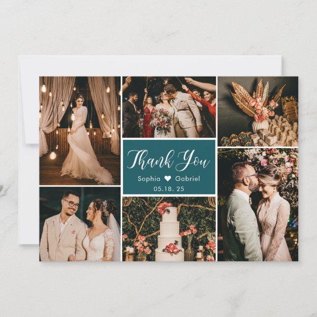 Elegante Aquamarine White Wedding Multi Foto Colla Dankeskarte (Vorderseite)