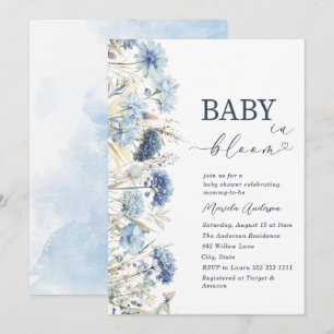 Elegante Aquarell-Baby in Blüten blaue Blumen B Einladung
