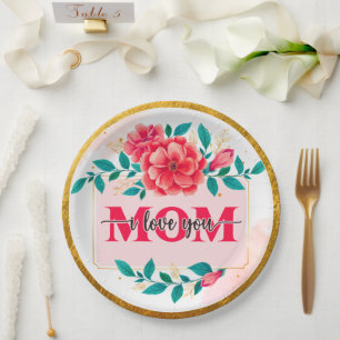 Elegante Aquarell-Blumen "MAMA ich liebe Dich" Mut Pappteller