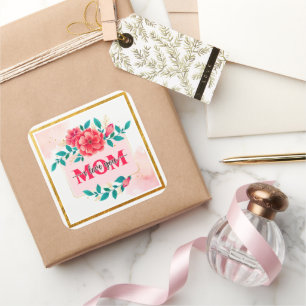 Elegante Aquarell-Blumen "MAMA ICH LIEBE DICH" Mut Quadratischer Aufkleber