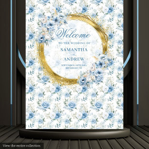 Elegante Aquarell-Farben Staubblau Gold Hochzeit Wandteppich