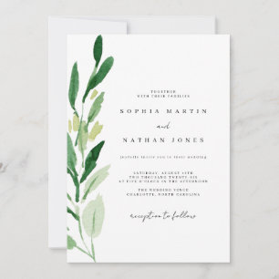 Elegante Aquarell-Hochzeit mit grünen Blättern Einladung