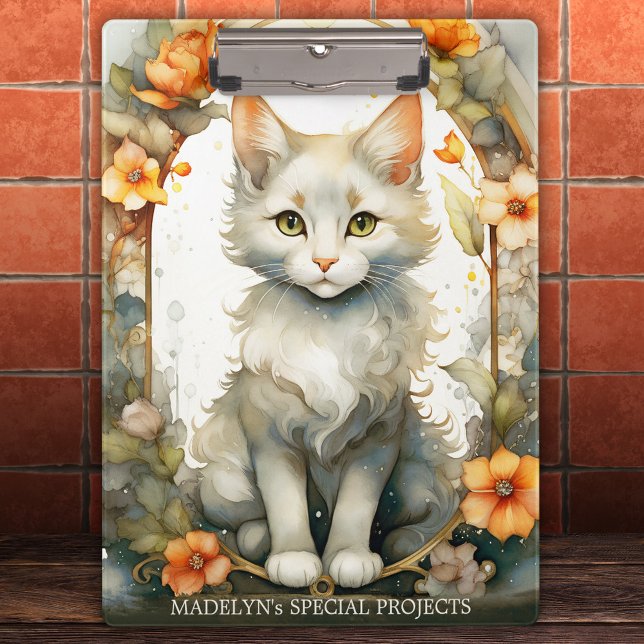 Elegante Aquarell Kitty Artistic Floral Clipboard Klemmbrett (Clipboard featuring an adorable watercolor illustration of a kitty with a floral arch.)