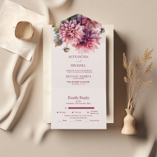 Elegante Aquarell-Korallen- und rosa Dahlien-Hochz All In One Einladung
