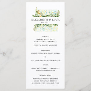 Elegante Aquarell-Mittelmeer-Oliven-Hochzeit Menükarte