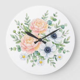 Elegante Aquarell-Pfingstrose und weiße Anemone Bl Große Wanduhr