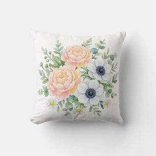 Elegante Aquarell-Pfingstrose und weiße Anemone Bl Kissen
